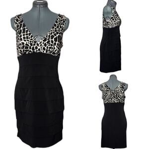 EnFocus Black Giraffe Print Mini Dress Stretchy Bodycon Tiered Women's 8P